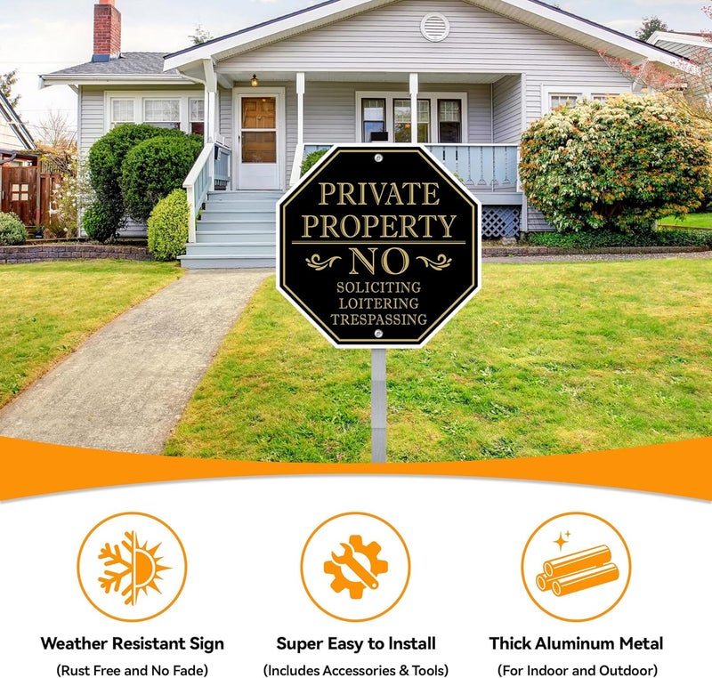 MongFun No Trespassing Signs Private Property, No Soliciting Sign for House, 10 x 10 Inches No Loitering Aluminum Metal Signs with 28 Inches Long Stakes for Outdoor Yard (Black/Gold, 10 x 10 inches) - Image 2